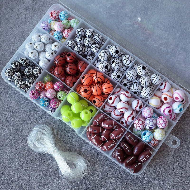 FOIBURELY 15 Styles Sports Beads Football Baseball Basketball Tennis Volleyball Soccer with 1 Roll of Elastic Rope and a Plastic Box for DIY Bracelet Necklace Making - Image 2